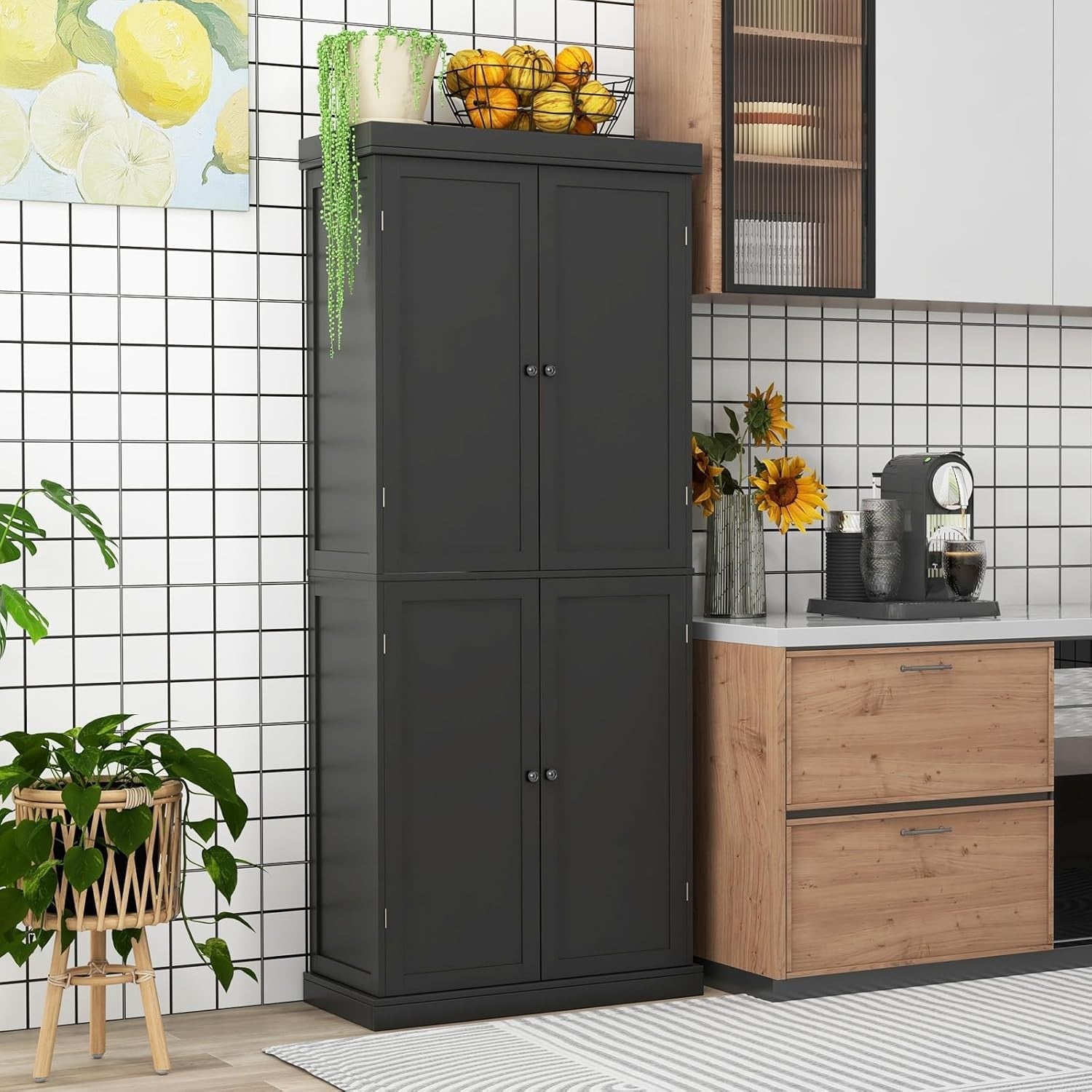 Tall Black Kitchen Cupboard 4 Door Pantry Storage Cabinet Adjustable