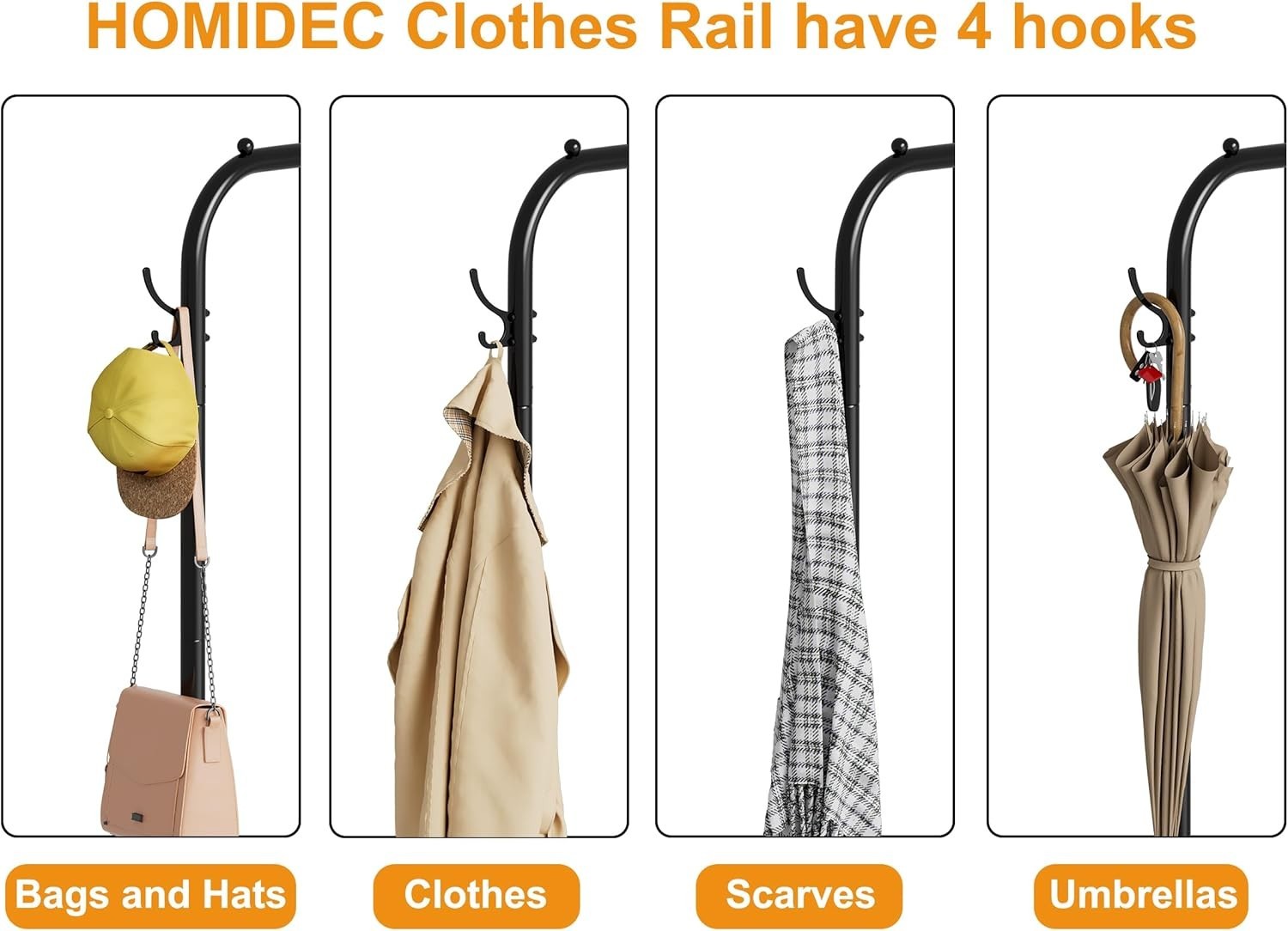 Portable Clothes Rail on Wheels 40KG Rack With Shelf & Hooks Black