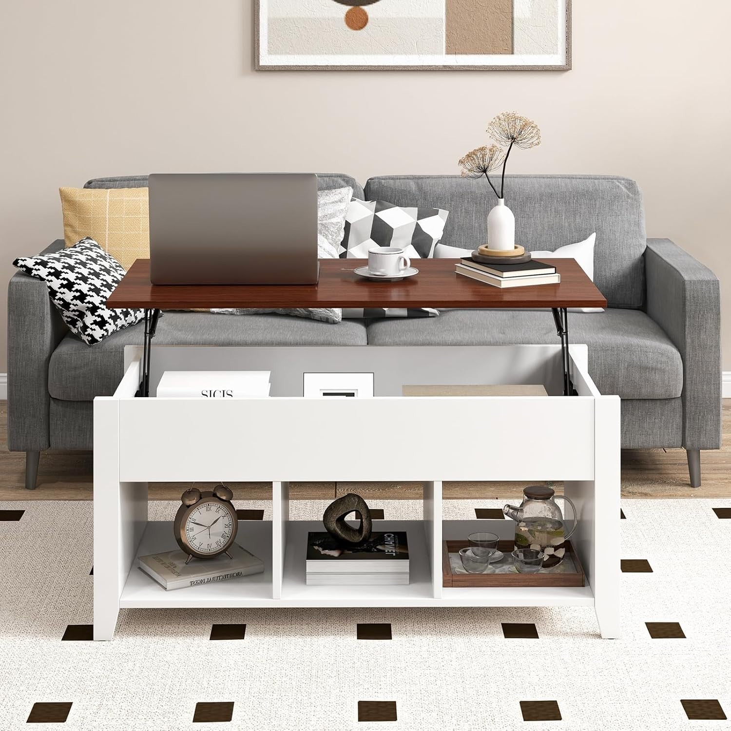 Lift Up Coffee Table with Hidden Storage & 3 Open Cubes, 105x52x49cm
