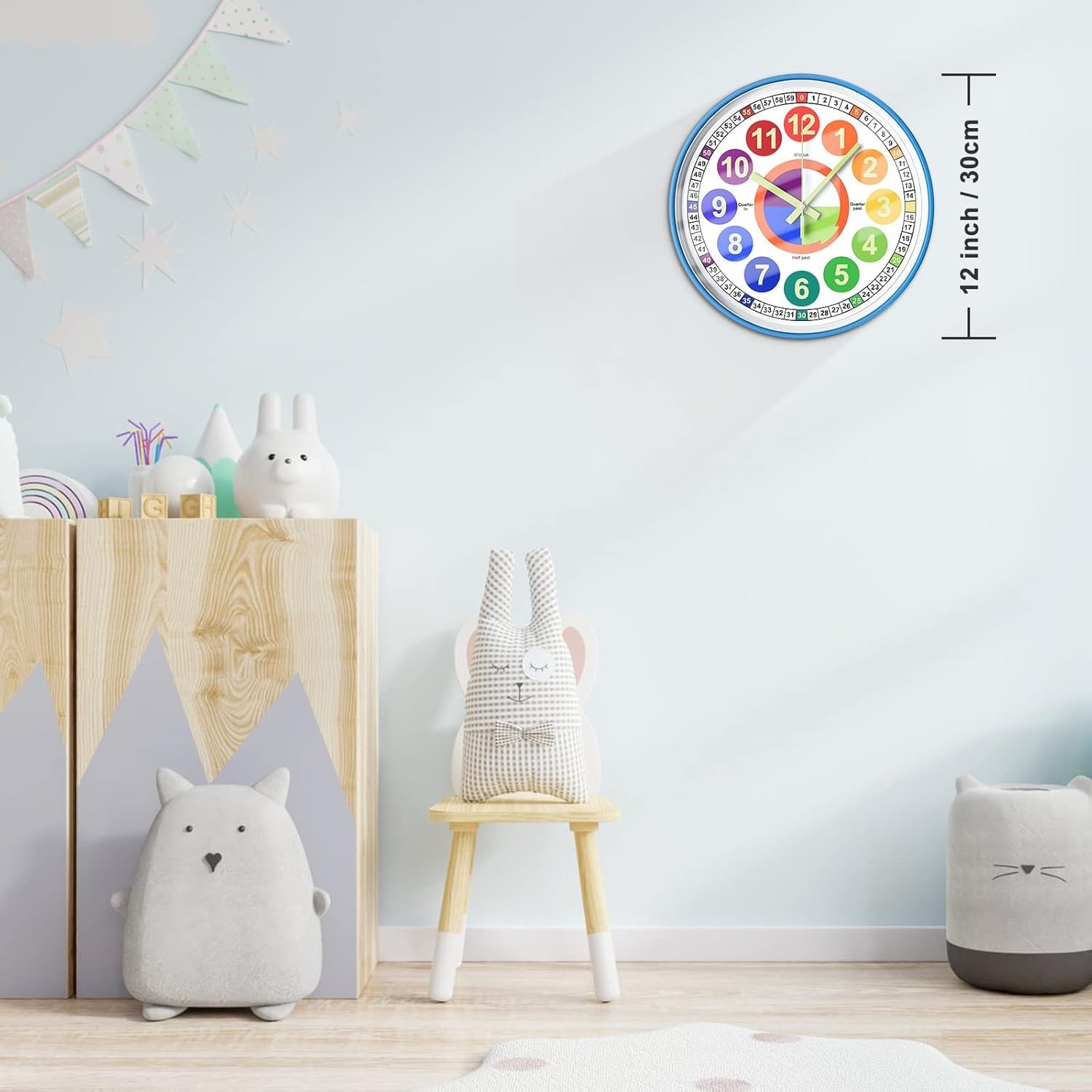 Kids Rainbow Learning Wall Clock 12" Silent Colourful Teaching Time Clock Bedroo