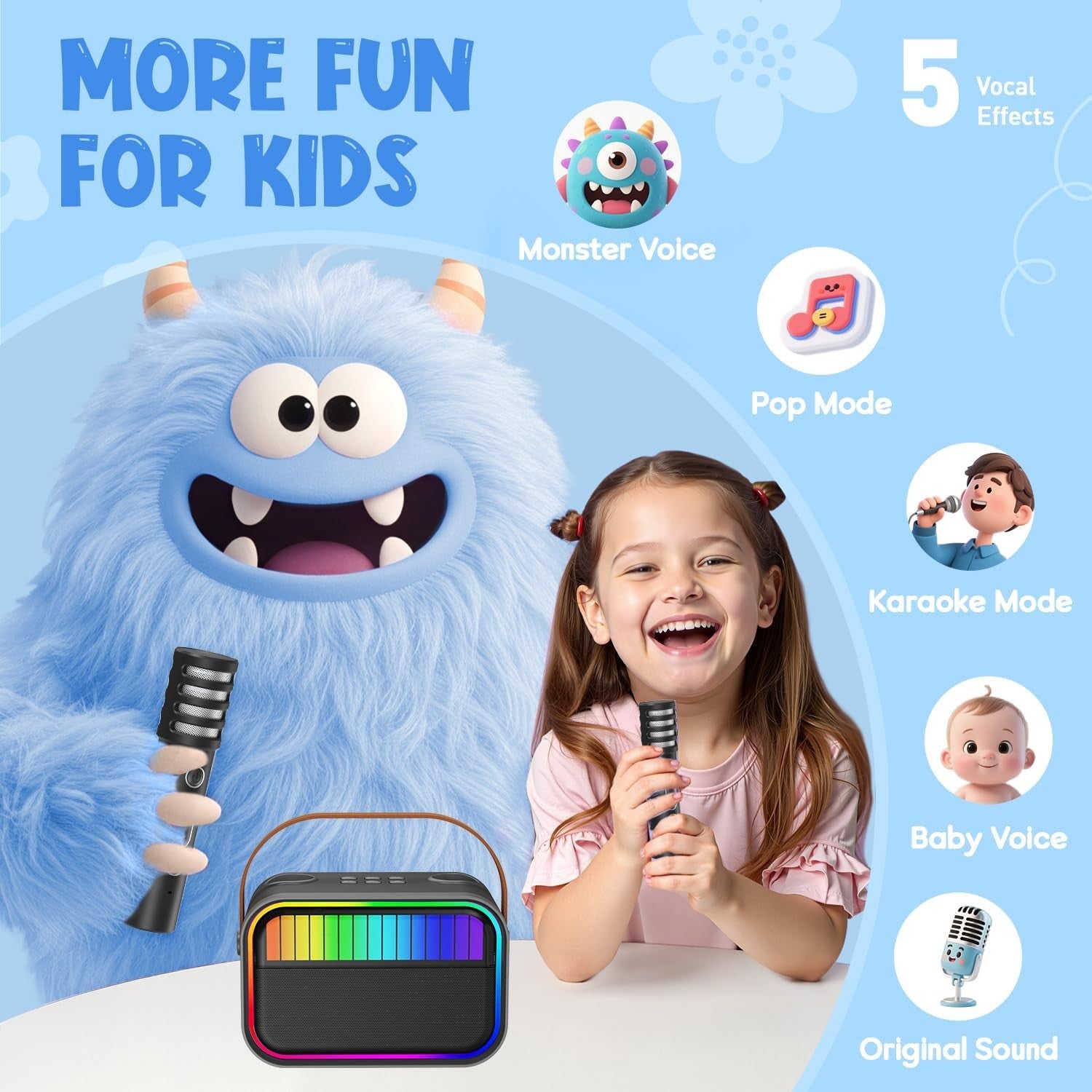 Kids Karaoke Machine 2 Mics Bluetooth LED Party Speaker Black
