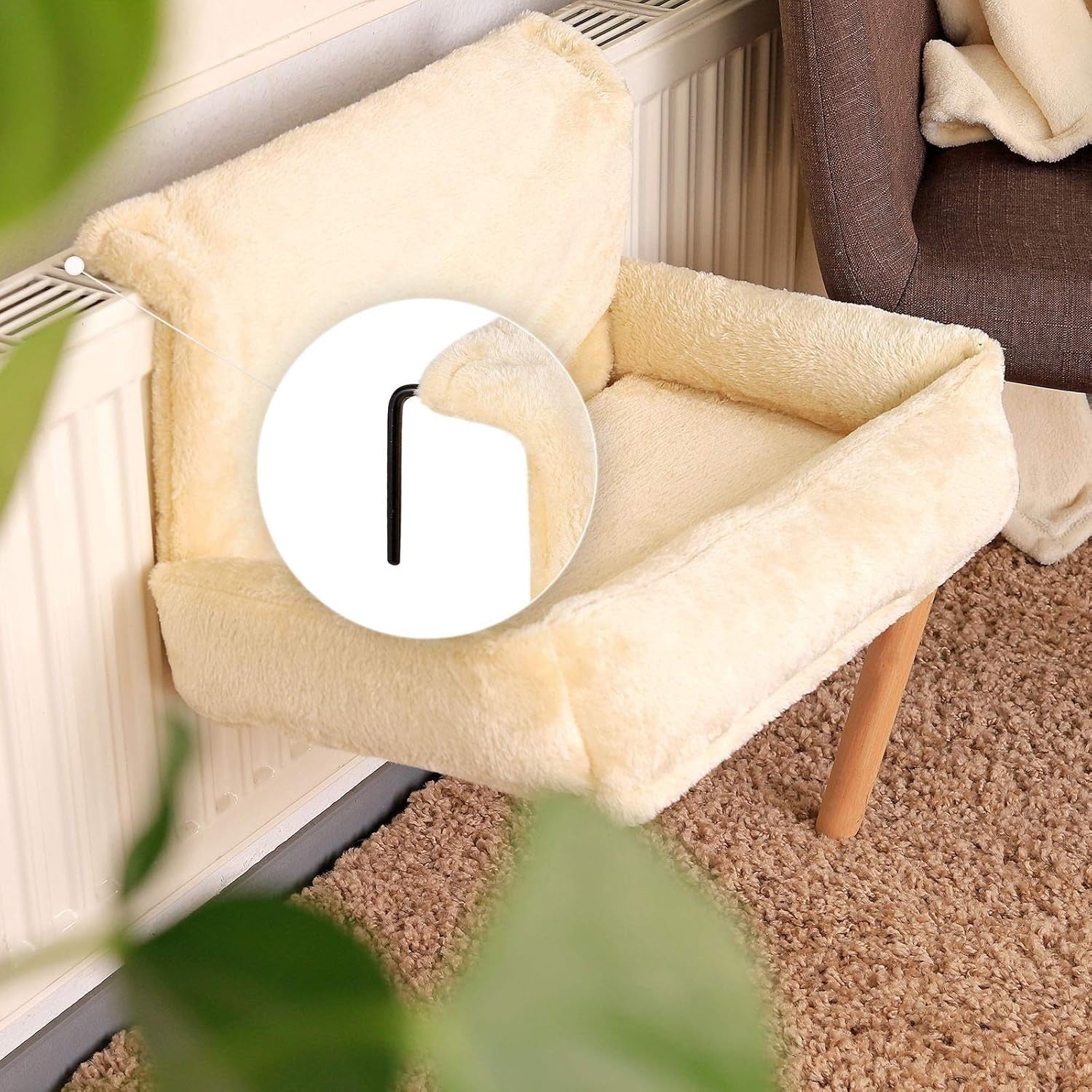 Cat Radiator Bed Plush Heating Lounger Hammock Washable Cover Beige