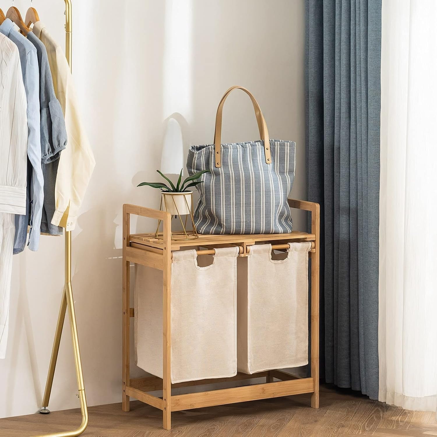Bamboo Laundry Hamper with 2 Pull-Out Bags & Shelf Dual Laundry Sorter 73x64cm