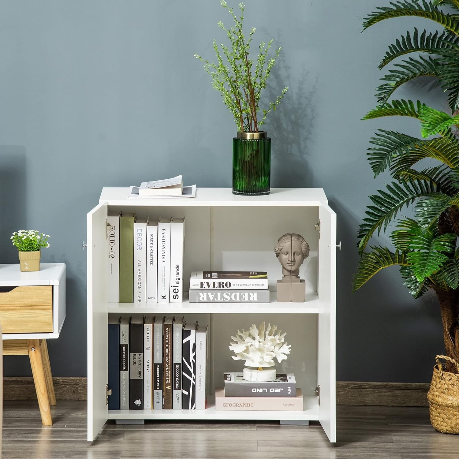 White Wooden Storage Cabinet 2 Door Sideboard Cupboard Bookcase Unit