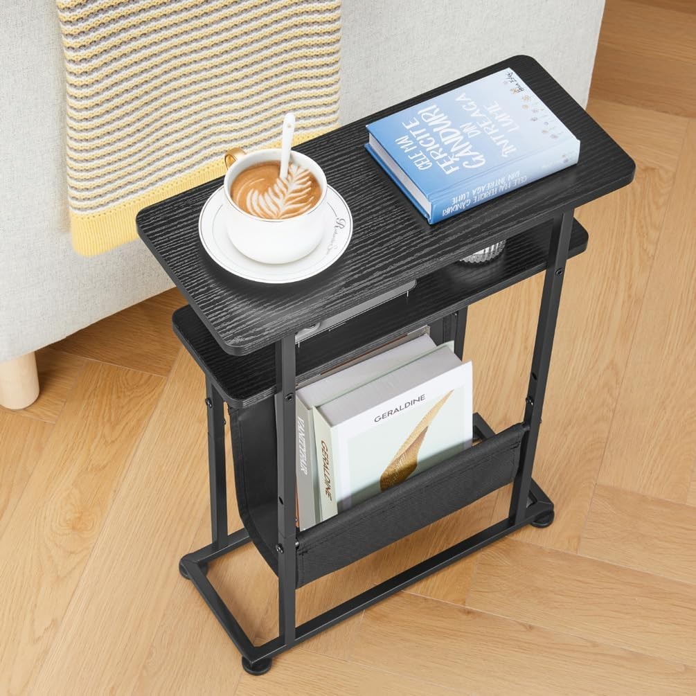 Slim Industrial Side Table with Magazine Holder & Adjustable Feet for Small