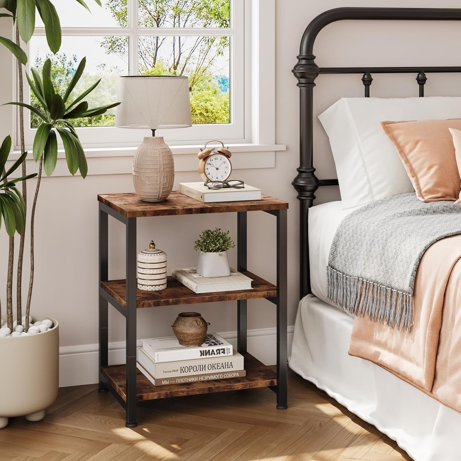 Rustic 3-Tier Narrow Side Table with Storage – Slim Bedside or Sofa Table