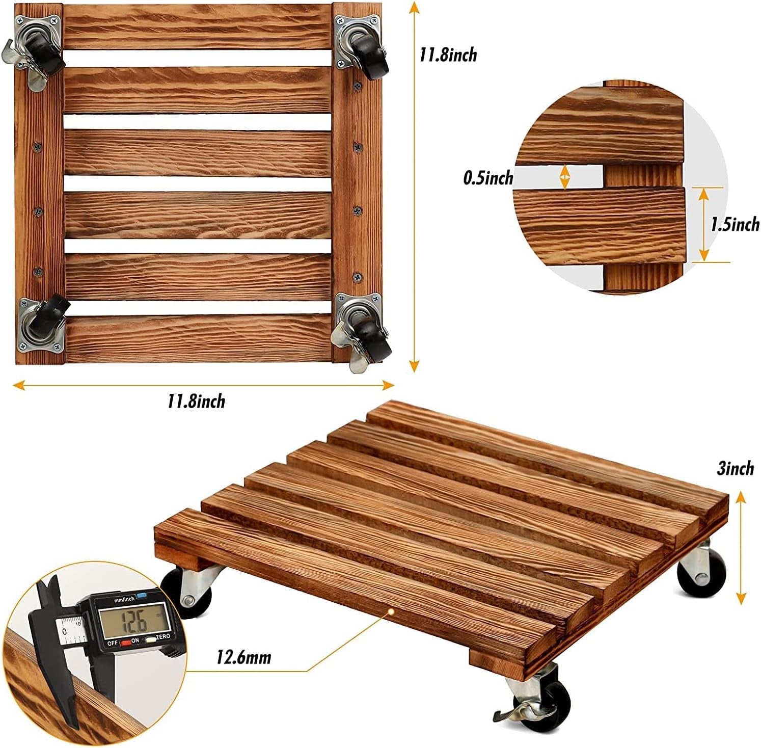 2 Pack Wooden Plant Caddy with Wheels Heavy Duty Rolling Stand 30cm Indoor