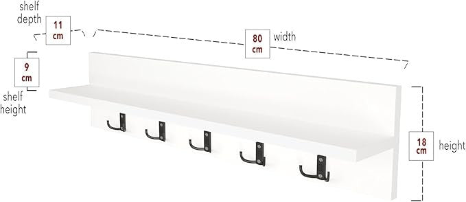 Wall Mounted Coat Rack 80cm White Shelf 5 Hooks Floating Entryway Storage