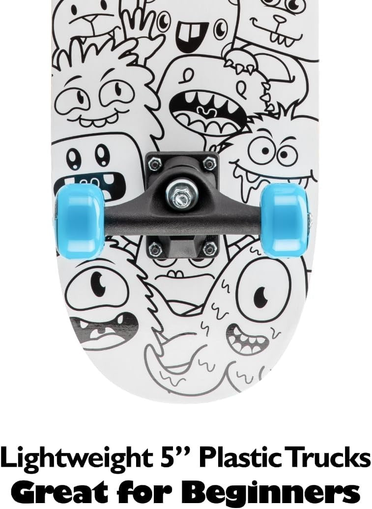 Kids Colour In Skateboard 28" Maple Deck Beginner Double Kick Gift Set