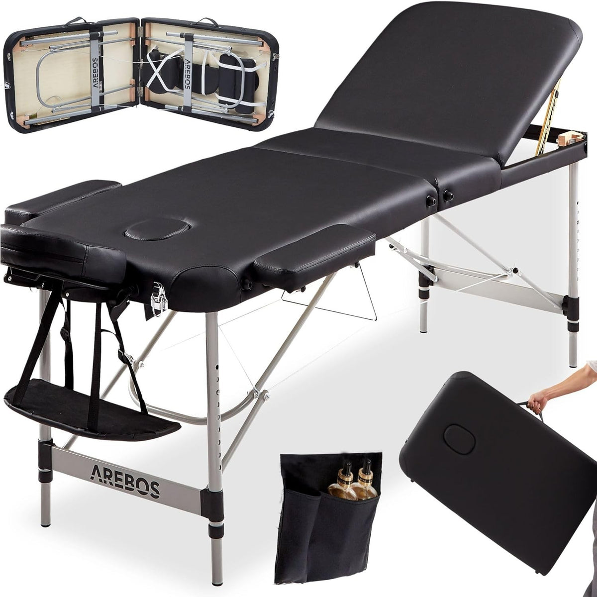 Arebos Portable Foldable Massage Table 3-Zone Height Adjustable Bed Black 60cm