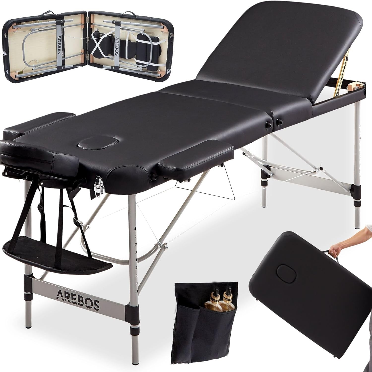Arebos Portable Foldable Massage Table 3-Zone Height Adjustable Bed Black 60cm