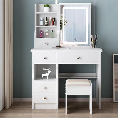 White Makeup Vanity Dressing Table w/ LED Mirror 3 Drawers Modern Storage Desk
