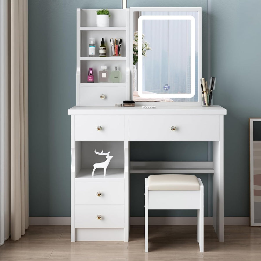 White Makeup Vanity Dressing Table w/ LED Mirror 3 Drawers Modern Storage Desk