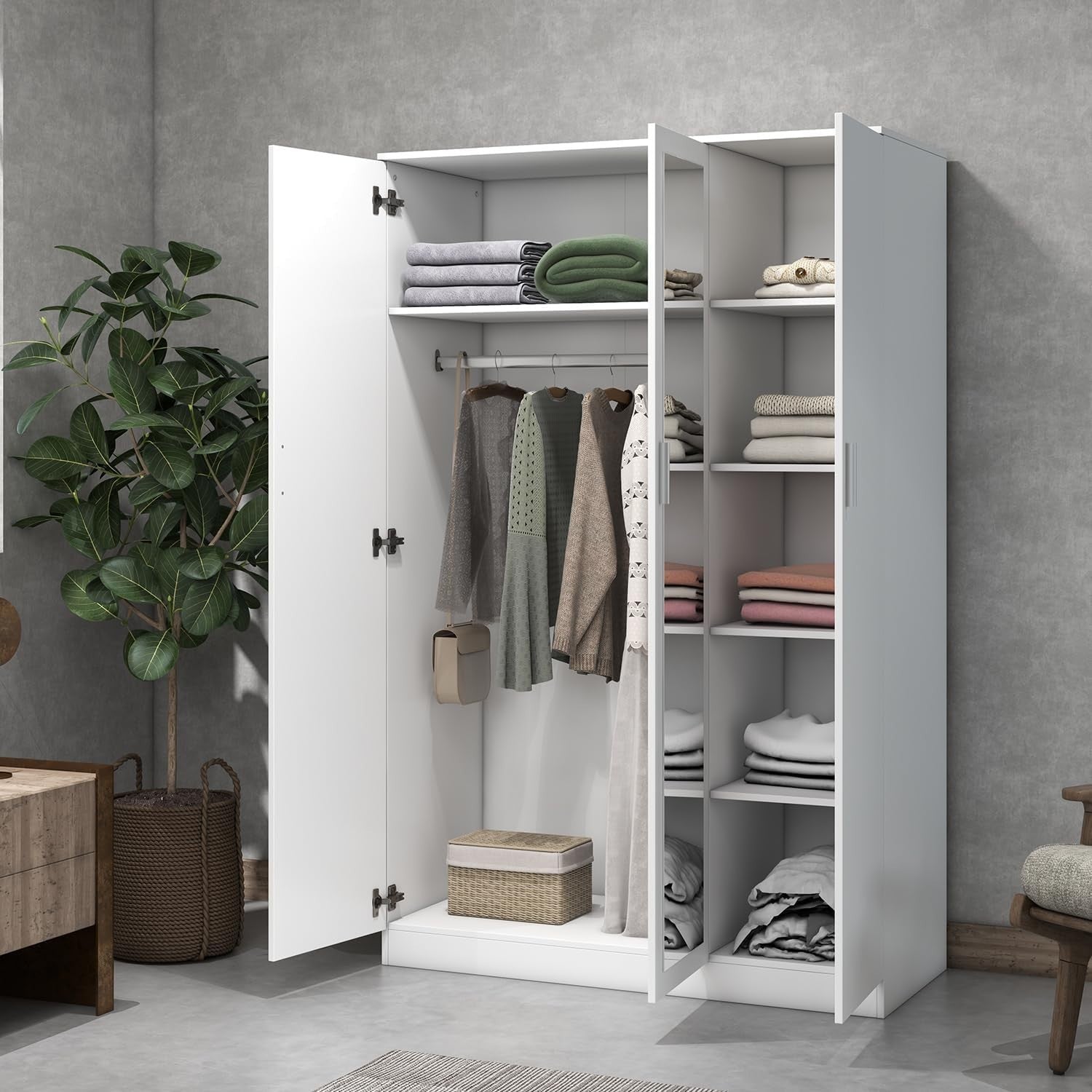 3-Door White Mirrored Wardrobe with Hanging Rail & 6 Storage Compartments