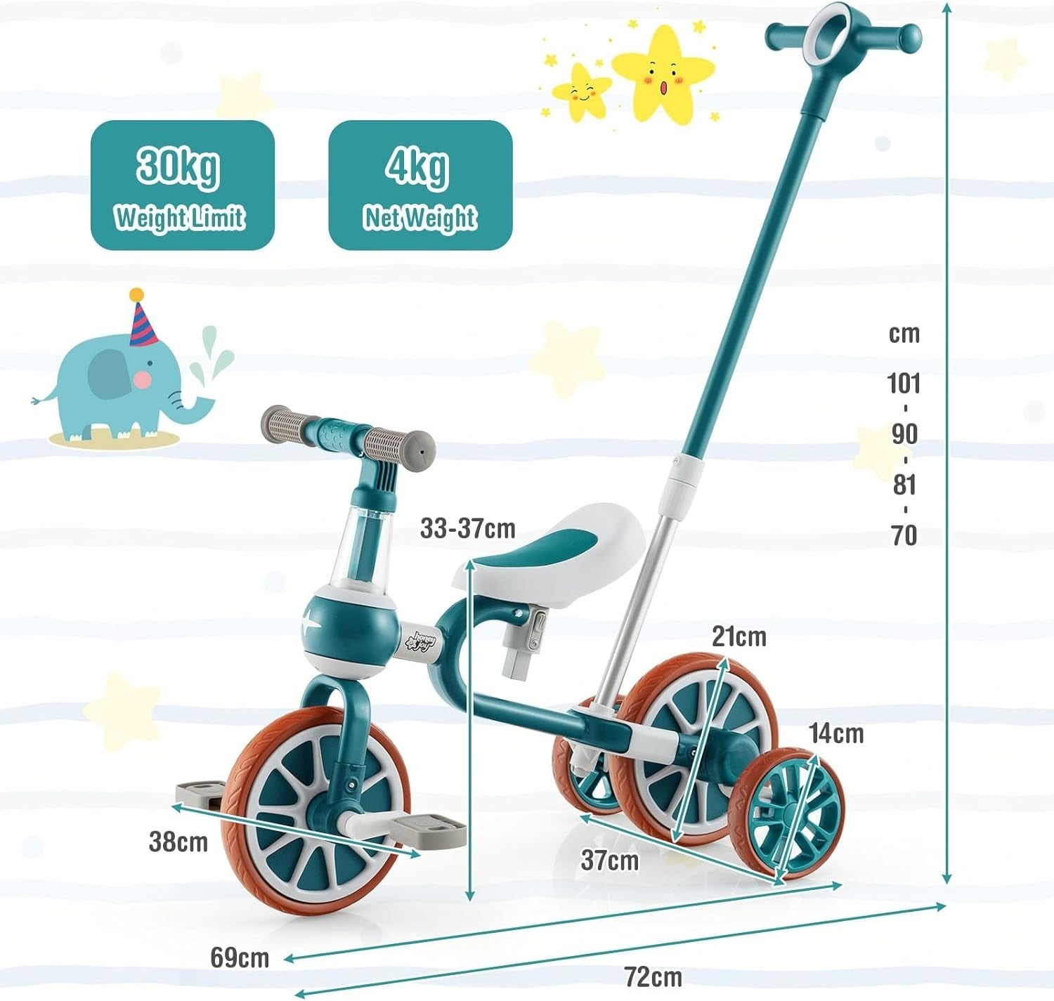 4 in 1 Kids Trike Balance Bike Push Tricycle Adjustable Handle Green