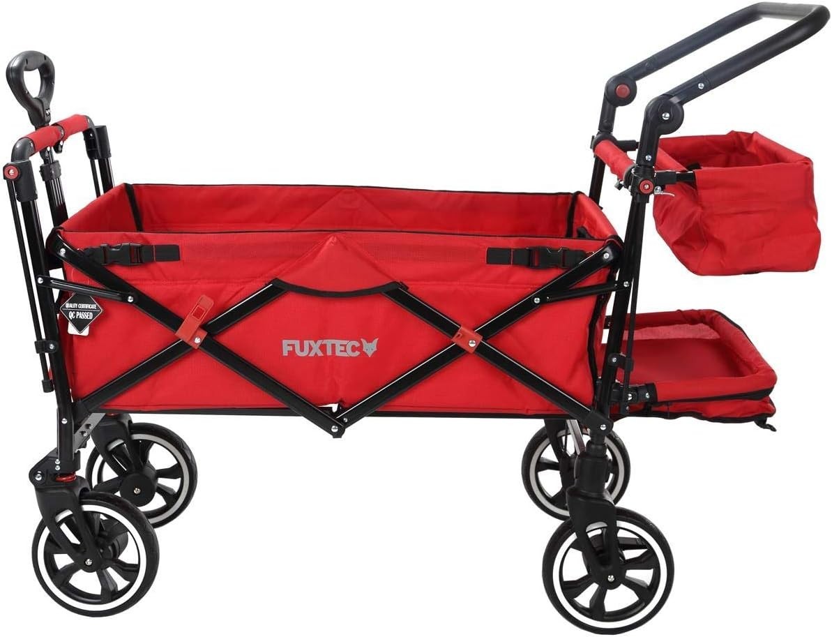 Red Folding Stroller Wagon Kids Push Pull Cart w/ Canopy & Safety Harness