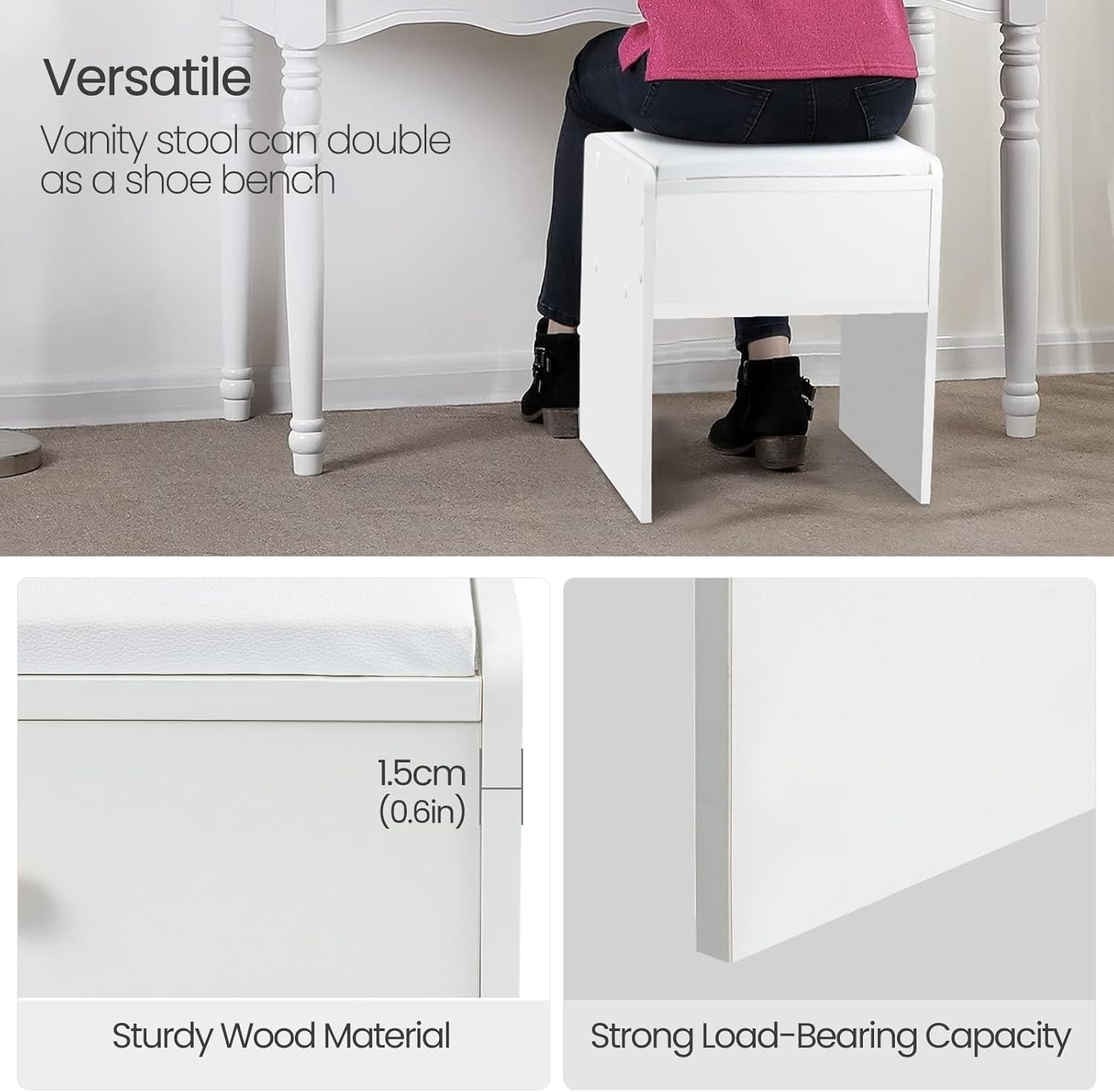 White Padded Vanity Stool with Drawer – Soft PU Makeup Chair for Bedroom