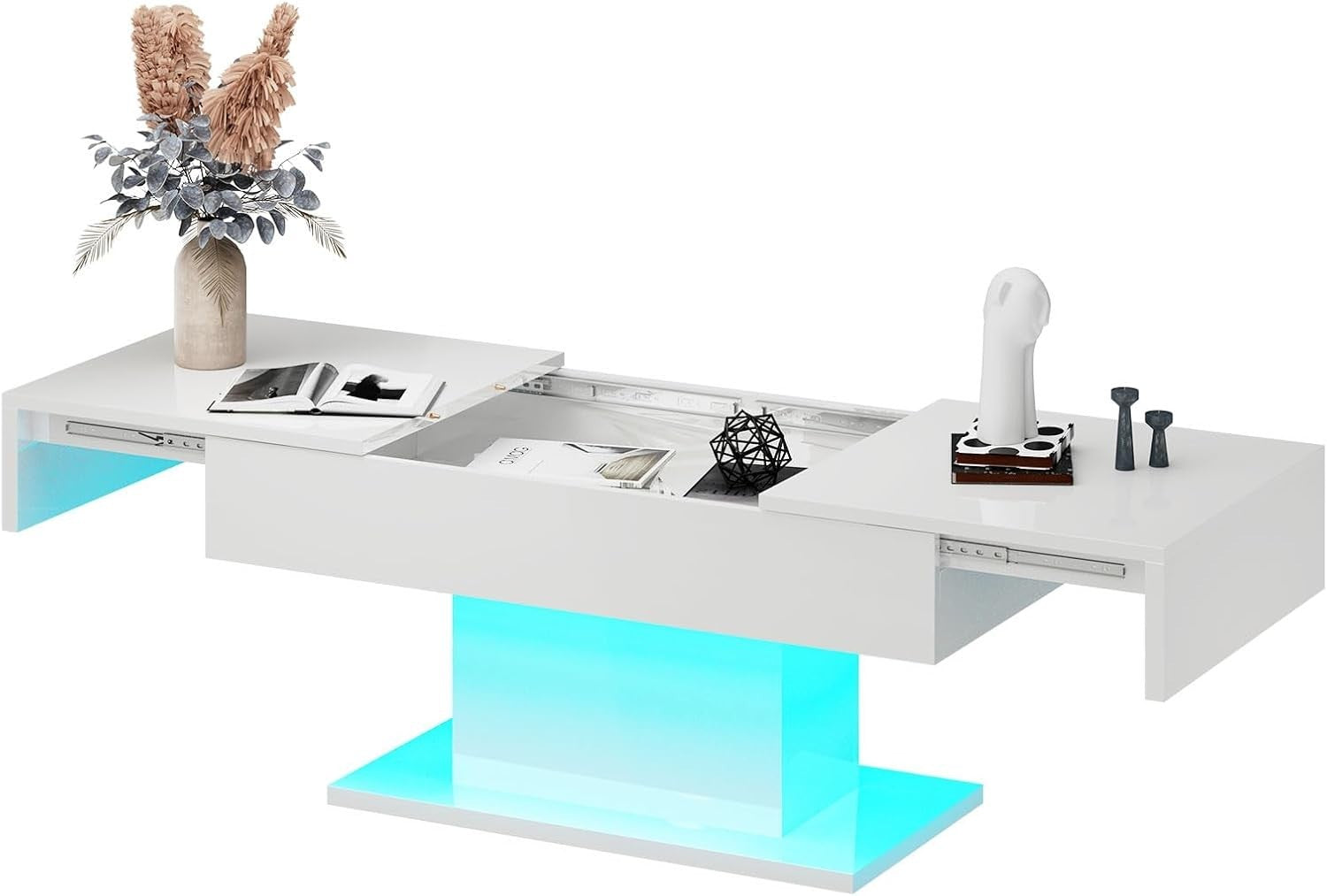Modern White Coffee Table with Hidden Storage, Sliding Drawers & LED Lights
