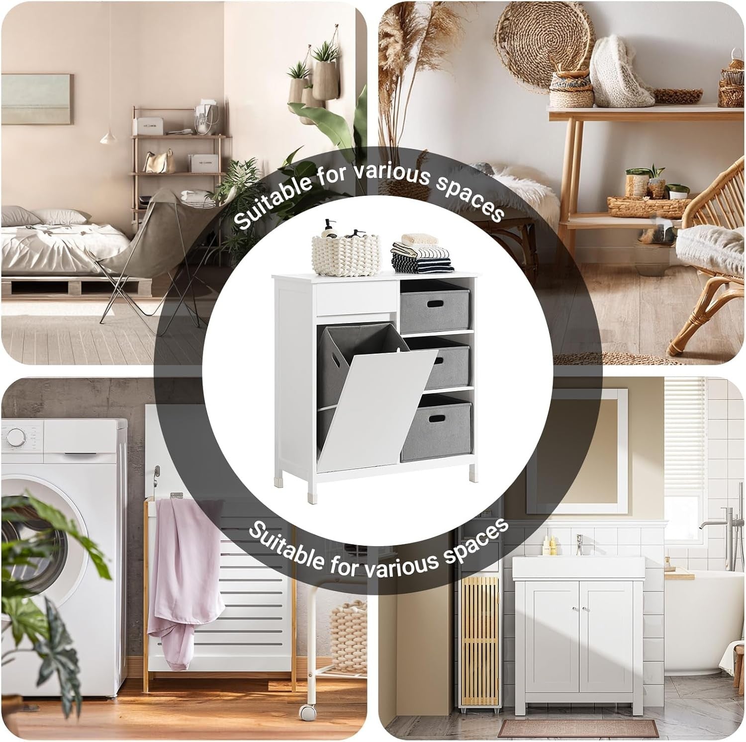 Bathroom Laundry Cabinet with Hidden Basket Drawers Storage Unit White