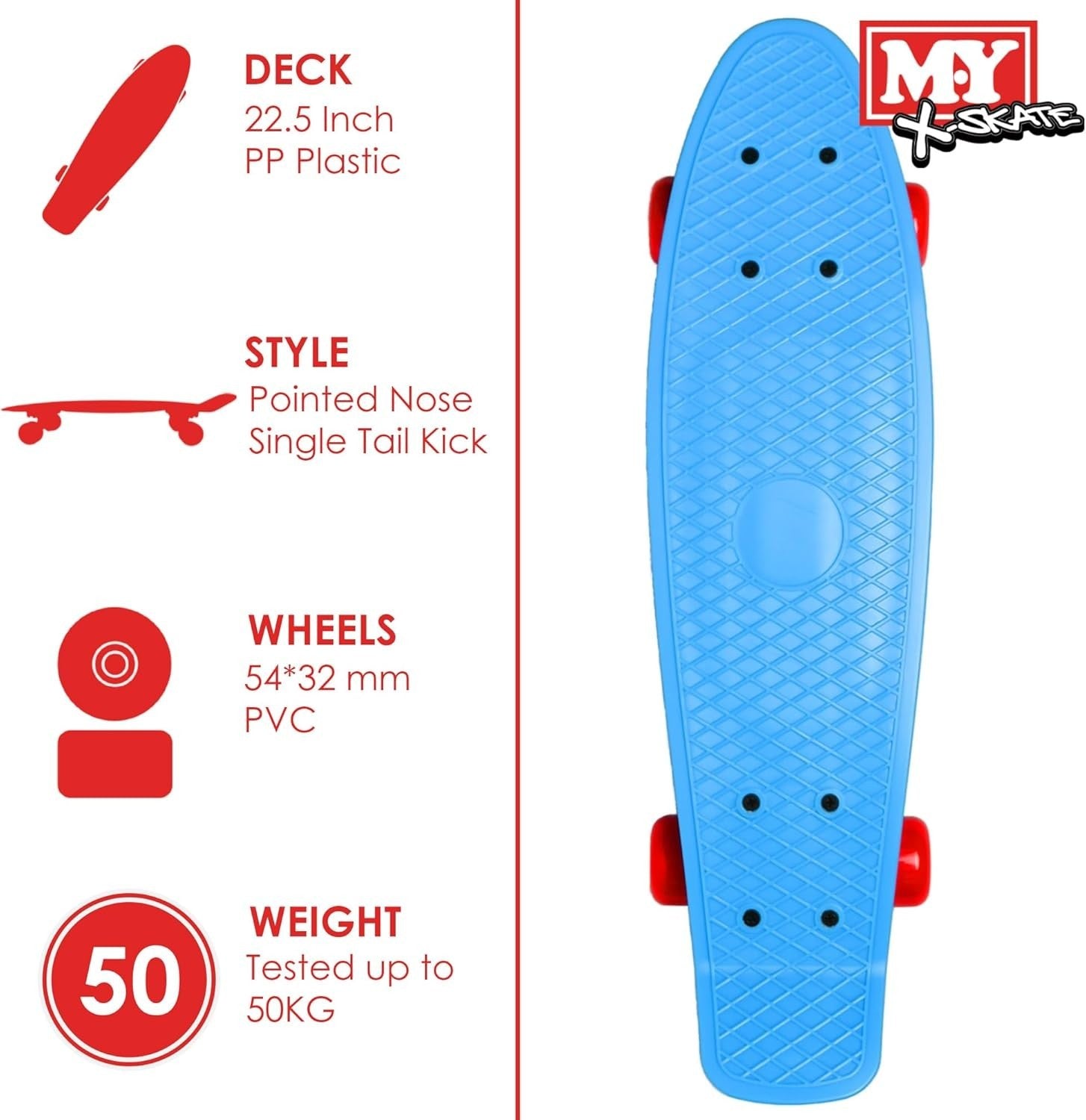 Retro 22" Cruiser Skateboard ABEC-7 Bearings Kids Teens Adults Blue