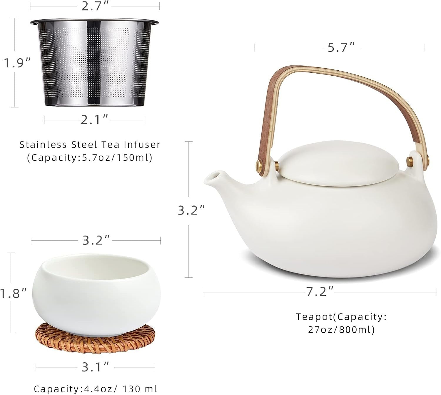 Japanese Tea Set 800ml Ceramic Teapot Infuser 4 Cups Wood Handle