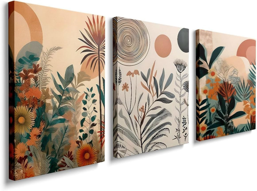Boho Canvas Wall Art Set of 3 Framed Botanical Prints 40x30cm
