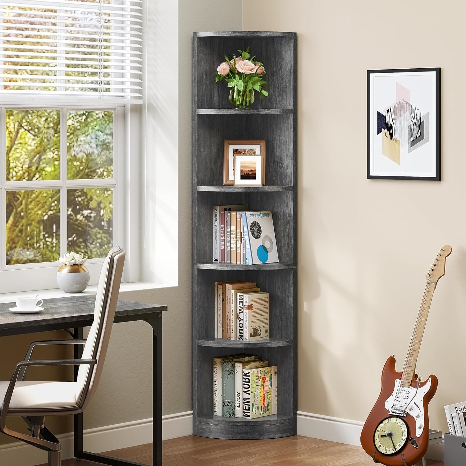 Tall Corner Shelf 5 Tier Modern Bookcase Space Saving Display Rack for Living Ro