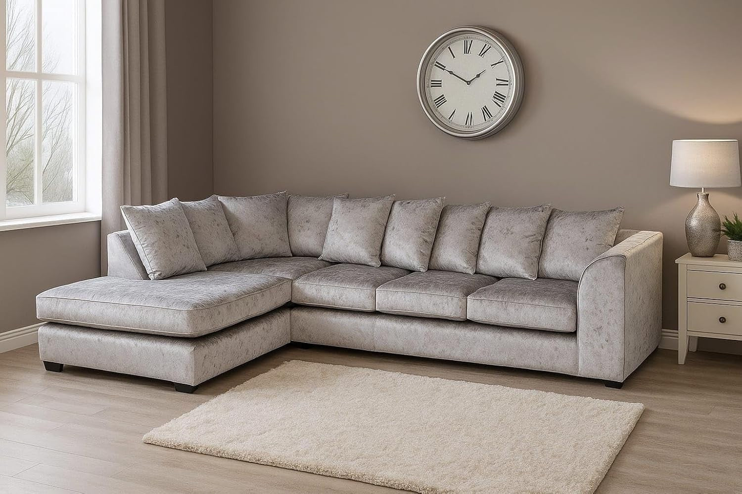 Spacious 5-Seater Grey Corner Sofa L-Shape Crush Velvet Modular Couch