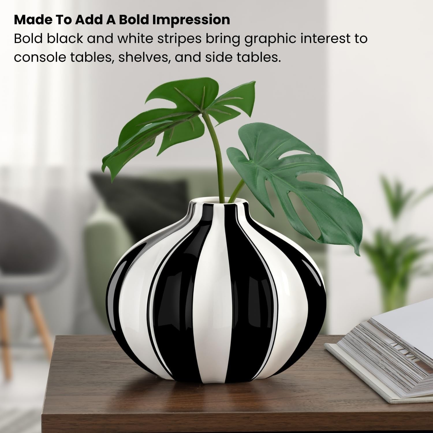 Black White Ceramic Vase Modern Striped Table Decor Round Flower Vase