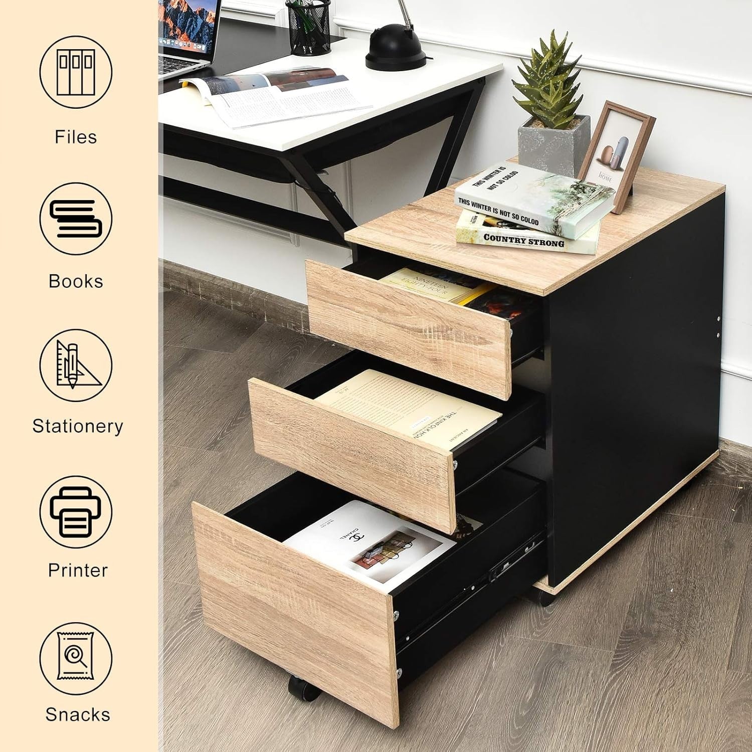 Rolling 3 Drawer File Cabinet Printer Stand Under Desk Storage Unit