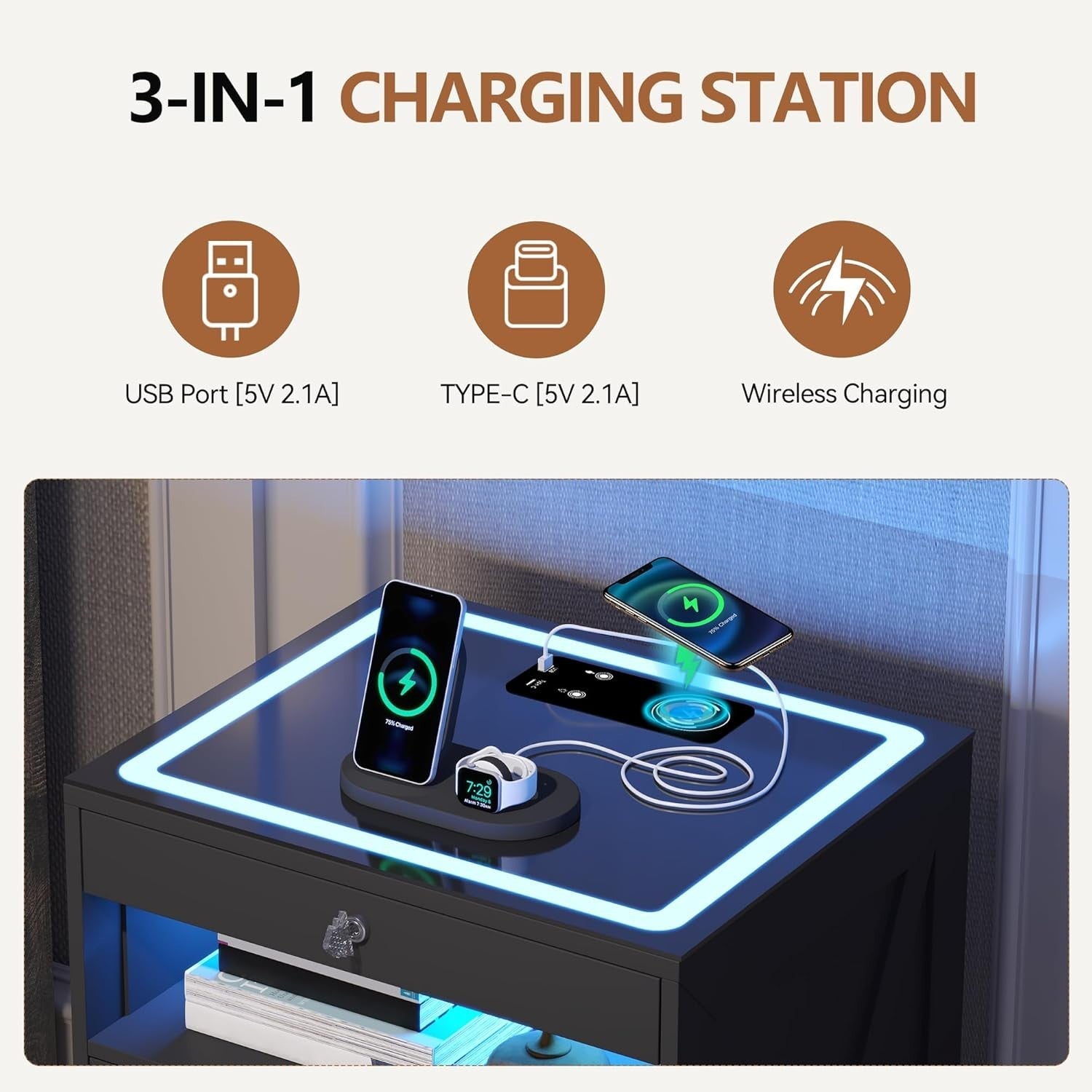 LED Bedside Table with Wireless Charging, 4 Drawers & Lock – Smart Nightstand