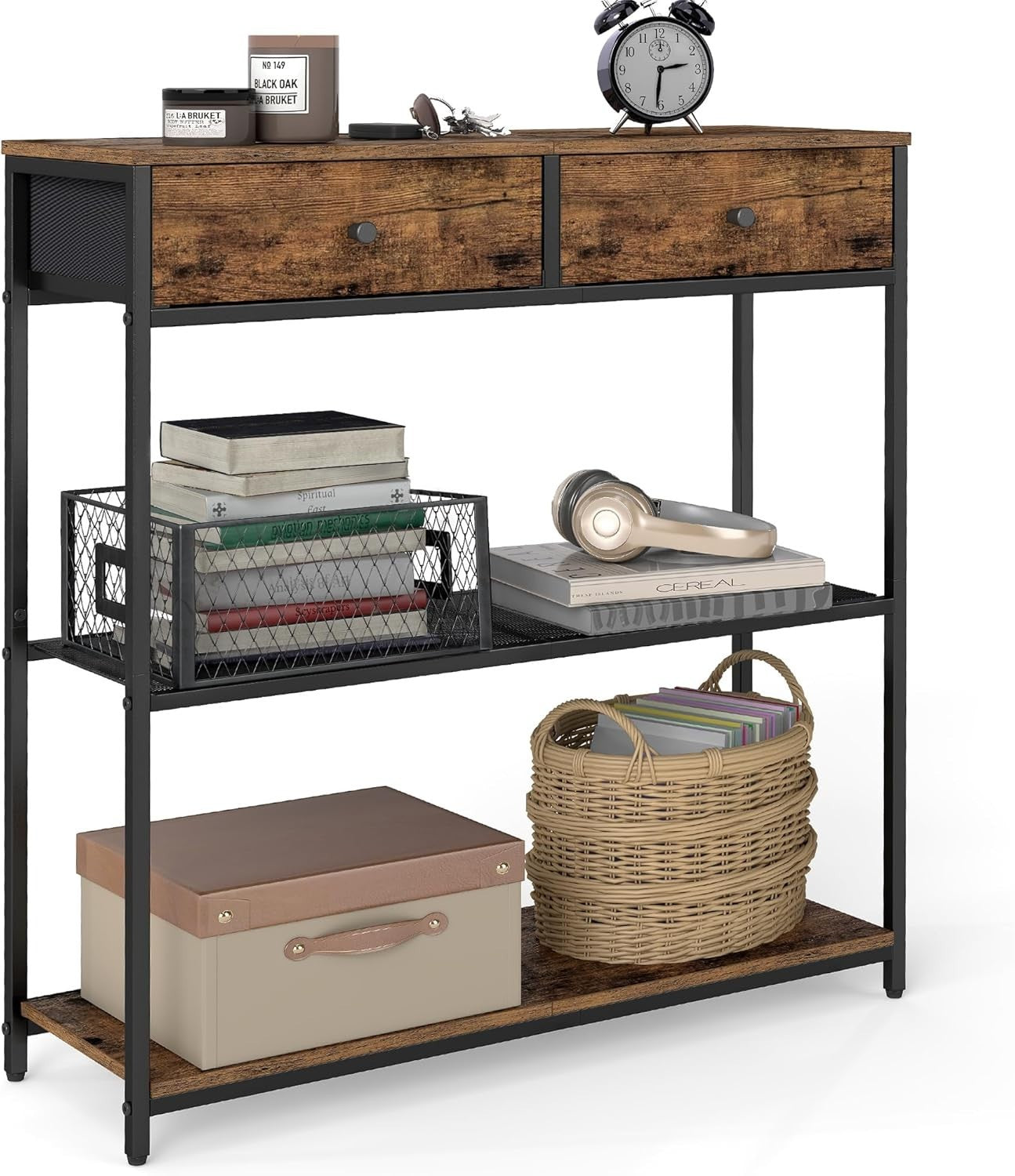 Narrow Console Table with 2 Fabric Drawers & 3-Tier Shelves – Rustic