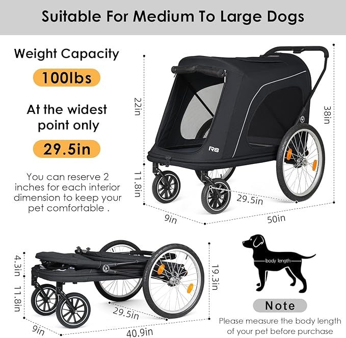 Heavy Duty 4 Wheel Dog Stroller Foldable Pet Pushchair for Large Dogs 100lb