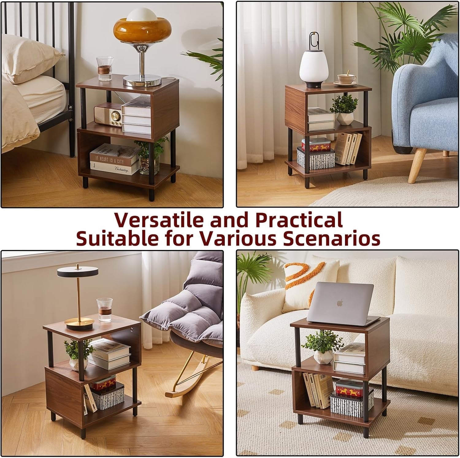 Modern S-Shaped 3-Tier Wooden Side Table with Storage – Compact & Durable
