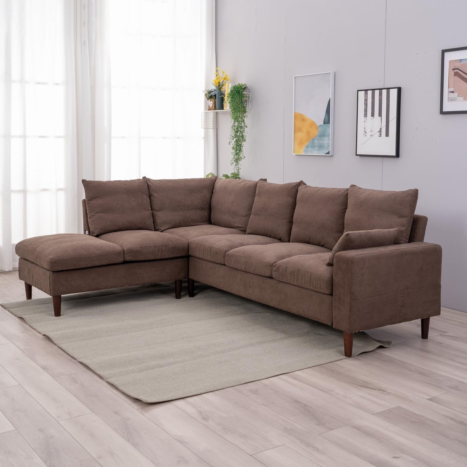 6 Seater L Shape Sofa with Chaise Brown Linen USB Charging Corner Couch