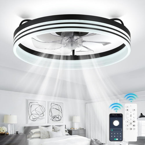 Bladeless Ceiling Fan with Light, 6 Speeds, Dimmable, 20" Black