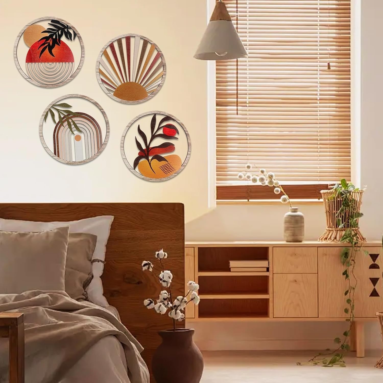4PCS Boho Wooden Wall Art Botanical Hanging Round Farmhouse Decor
