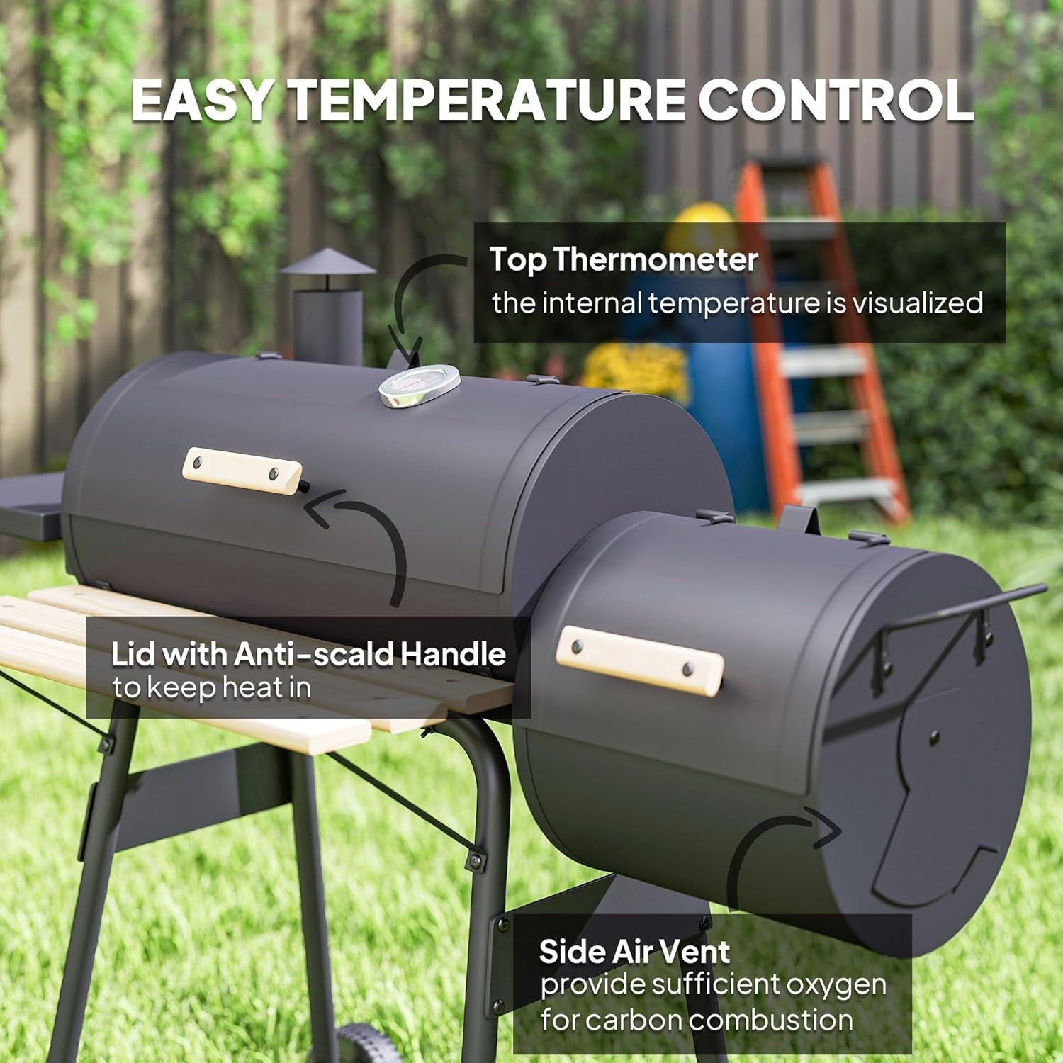 Charcoal BBQ Grill with Offset Smoker | Outdoor Barrel Barbecue with Shelves