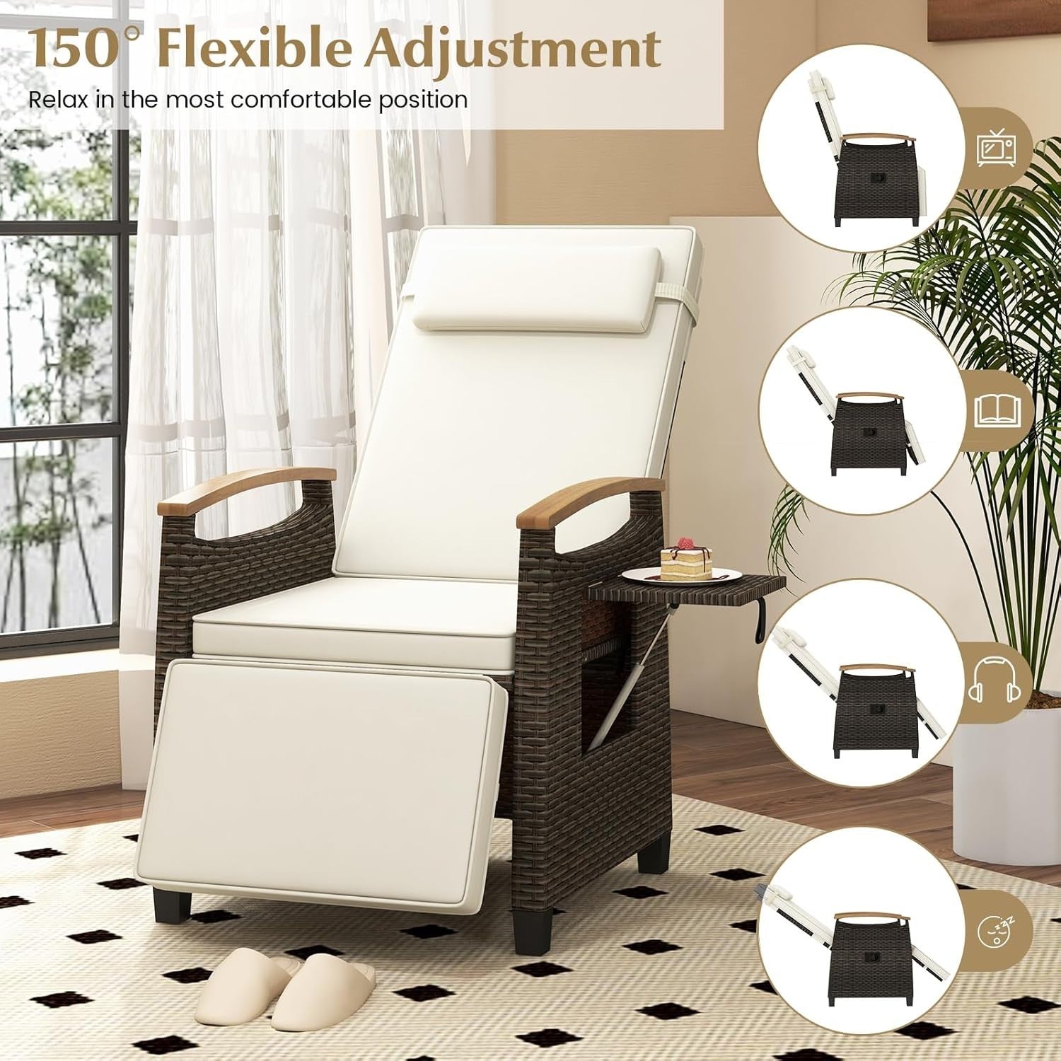 White Rattan Recliner Chair Adjustable Sun Lounger with Footrest & Side Table