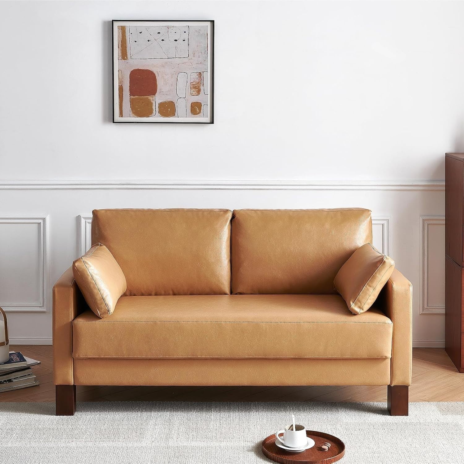 Leather Loveseat Sofa 2-3 Seater Leather Tan Modern Couch for Lounge or Office