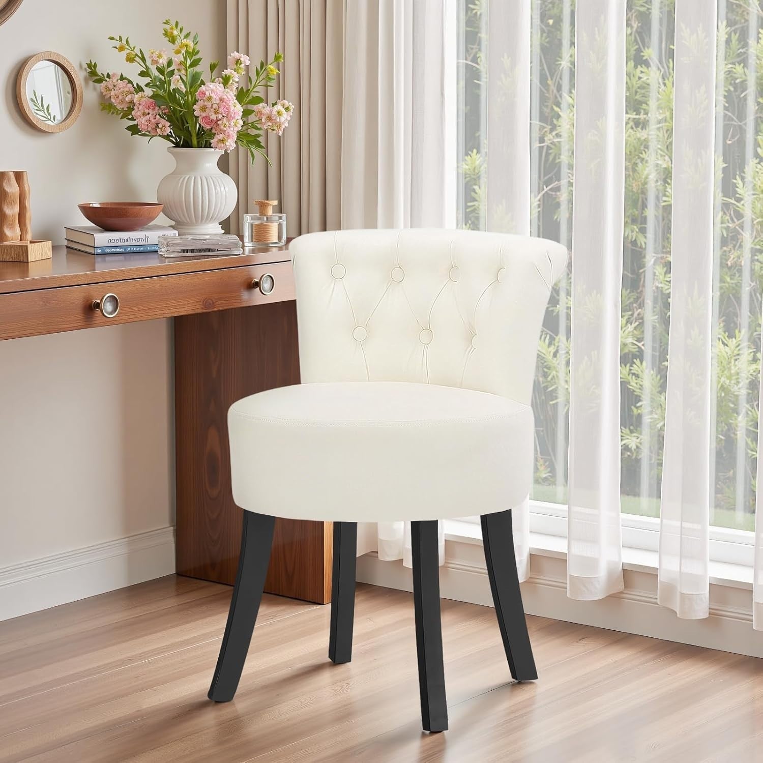 Beige Linen Vanity Chair with Tufted Back & Solid Wood Legs – Comfy Makeup Stool