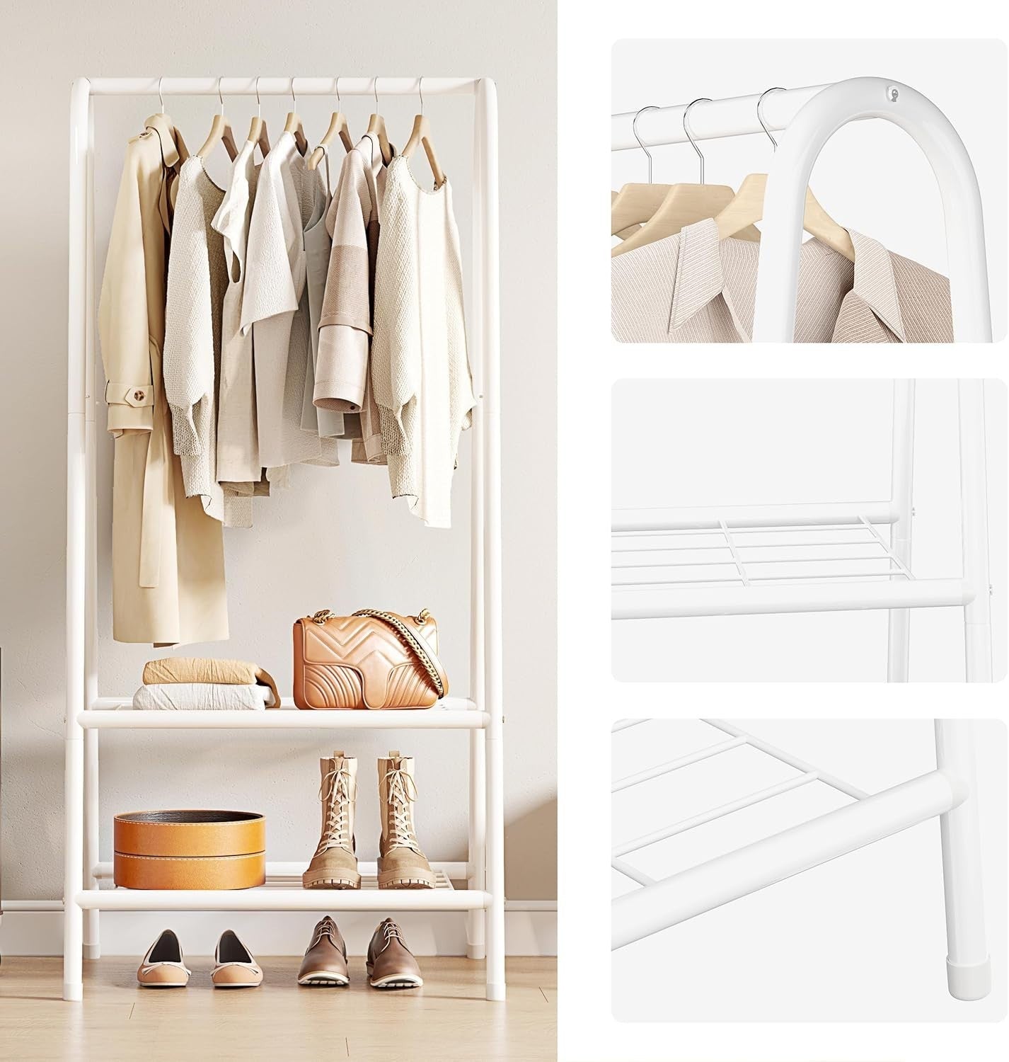 White Metal Clothes Rail with Shelves 62" Heavy Duty Rack