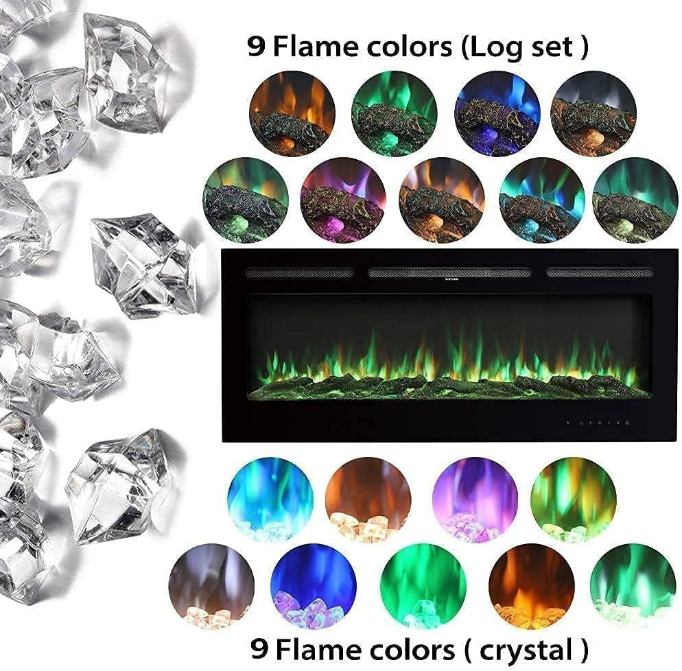50" Wall Mounted Electric Fireplace Heater Crystal Flame Remote LED