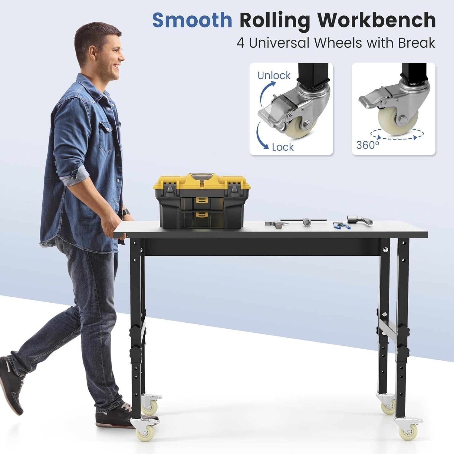 Adjustable Rolling Workbench Bamboo Top 500kg Heavy Duty 120x60 Locking Wheels