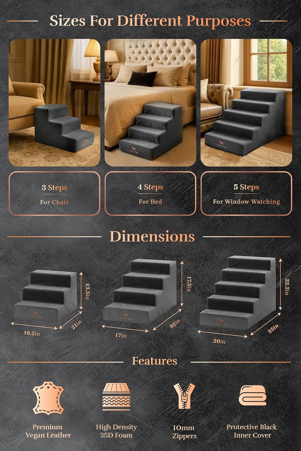 Extra Wide 17" Dog Stairs Ramp 4-Step Foam Pet Steps Couch Bed
