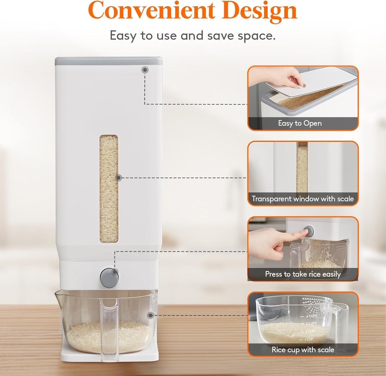 25.4lb Airtight Rice Storage Dispenser BPA Free w Measuring Cup