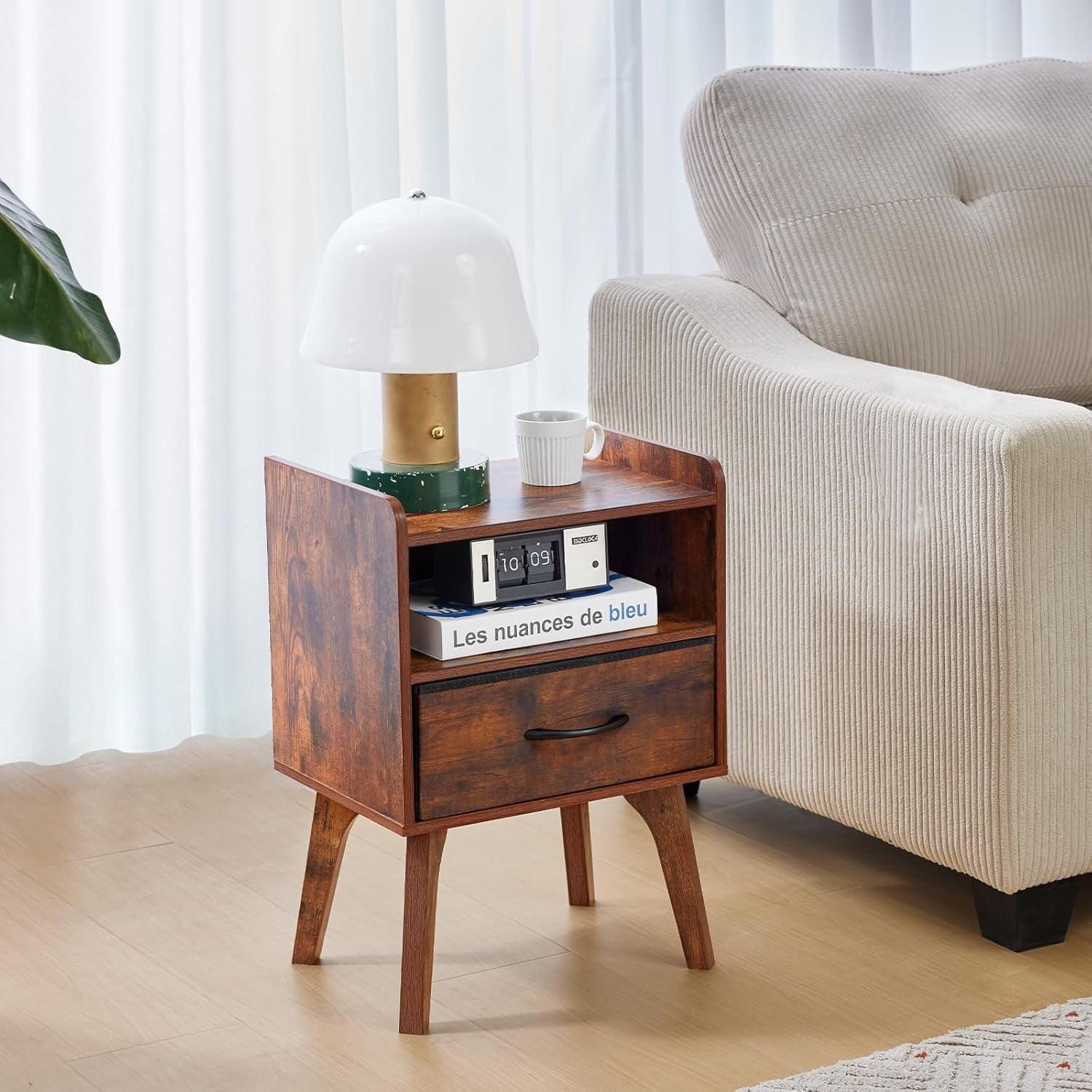 Mid Century Modern Bedside Table, Wooden Nightstand with Drawer & Open Shelf