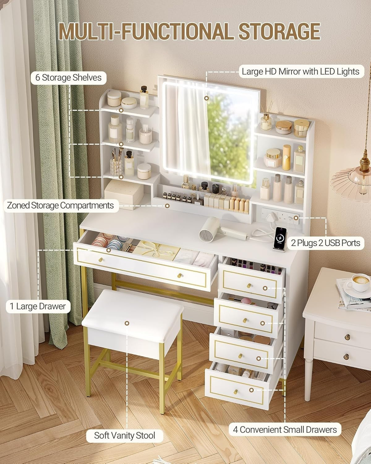 Luxury Dressing Table Vanity Makeup Desk Set w/ LED Mirror, 5 Drawers, Charging
