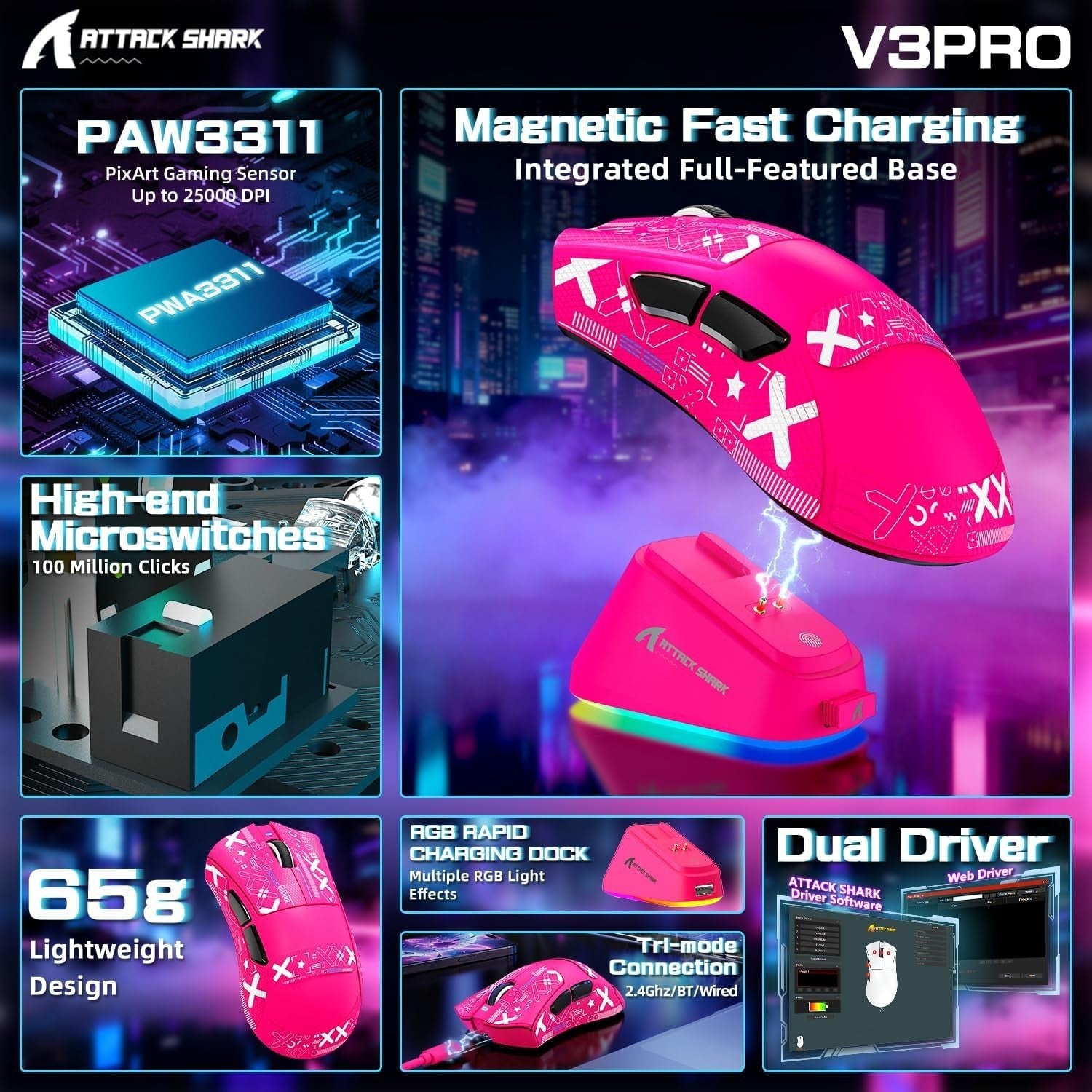 Wireless Gaming Mouse 25000 DPI 65g RGB Dock 2.4G Bluetooth Pink