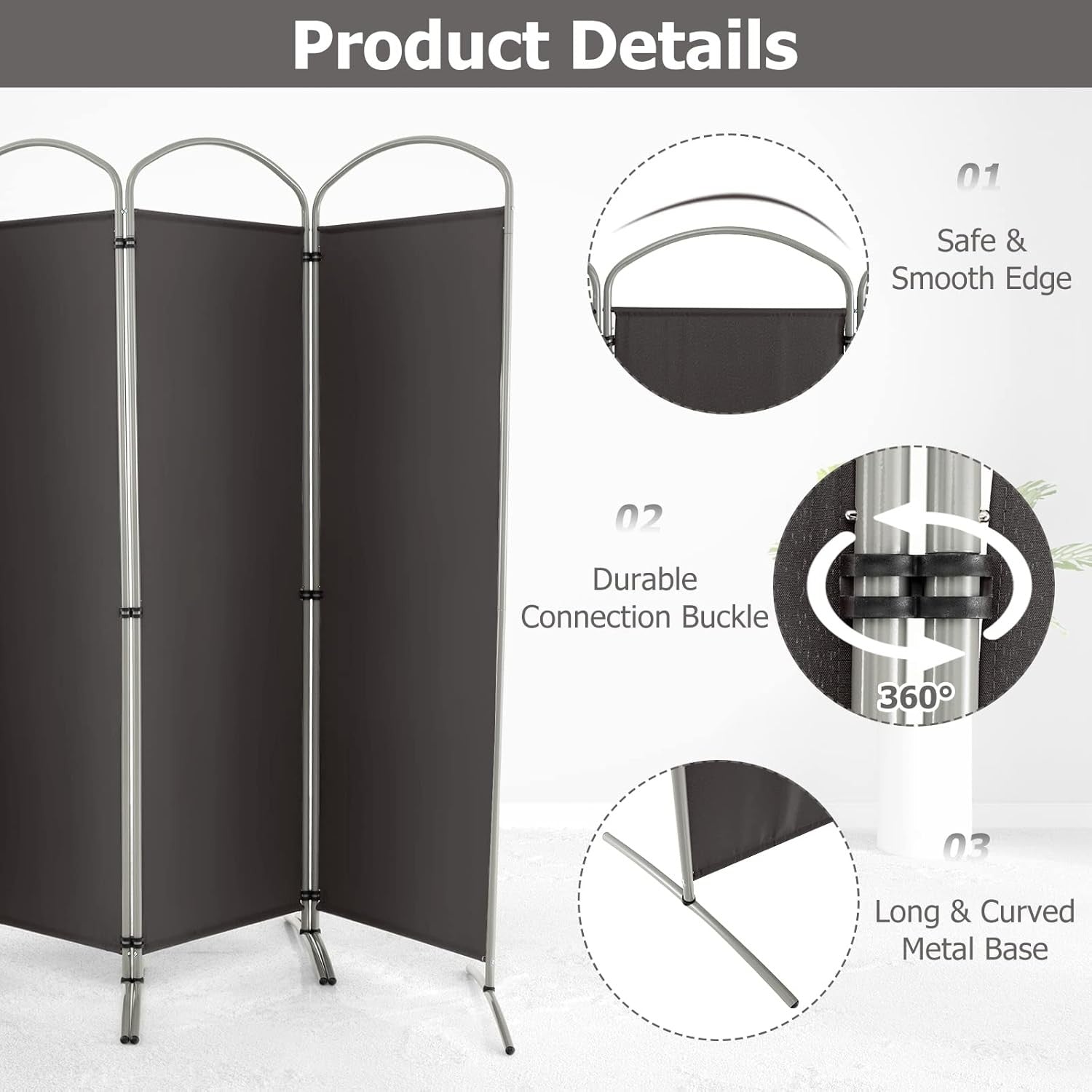 4 Panel Grey Folding Room Divider Privacy Screen for Bedroom Office 188cm High